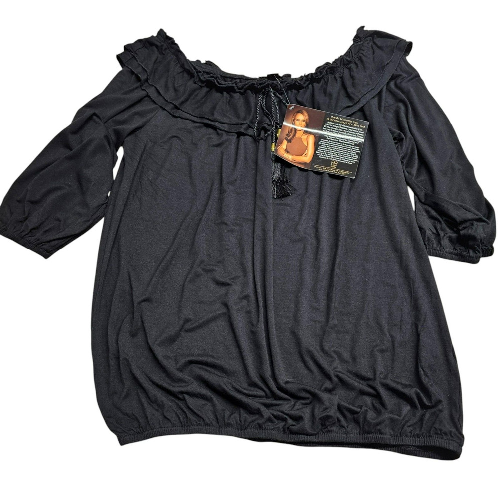 Iman Women Med Peasant Blouse Ruffle Collar Tassels Oversized Boho Stretch